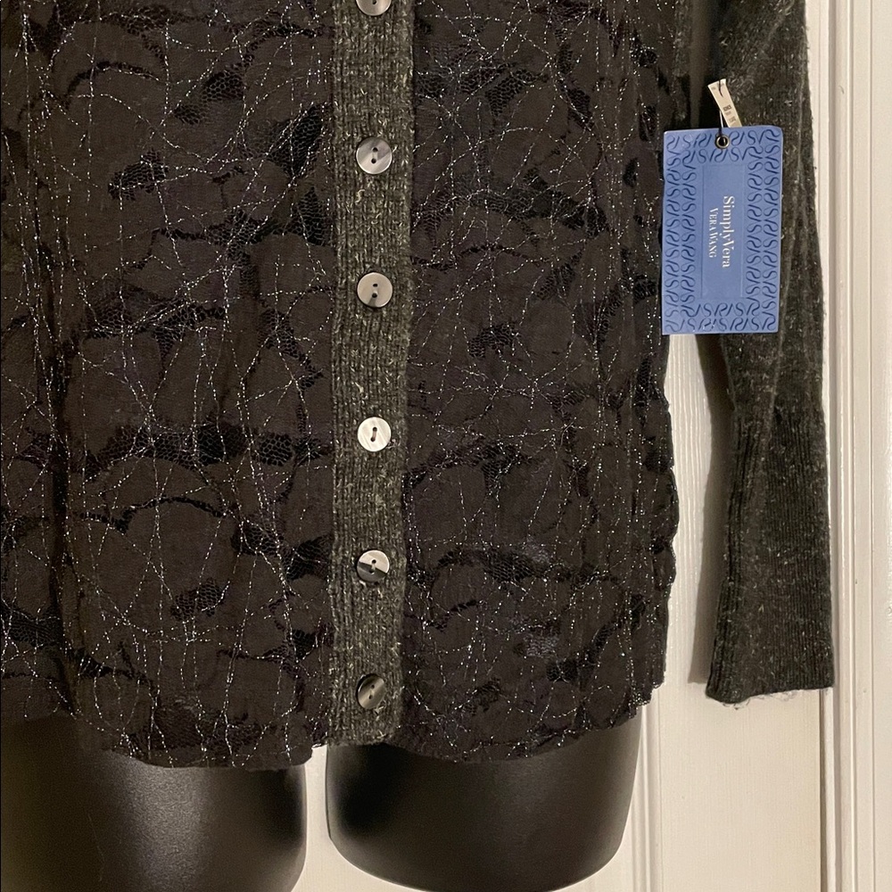 Vera Wang Black/Gray Sheer Lace Panel front Cardigan XL